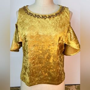 Everlynn Apparel Golden Velveteen Exposed Shoulder Top Boarded w Golden Beads